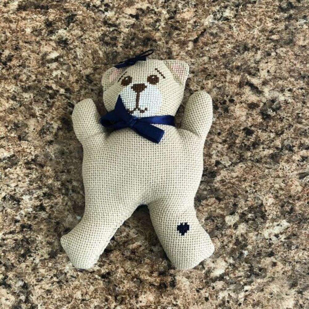 Handmade Cross Stitch Teddy Bear Stuffed Animal Blue Bow Heart Accent Decor